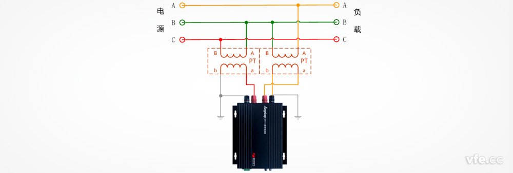 DT122數(shù)字變送器與兩個(gè)單相電壓互感器測量三相電壓接線圖