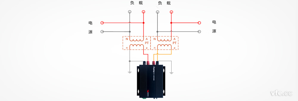 DT122數(shù)字變送器與2個(gè)單相電壓互感器接線圖